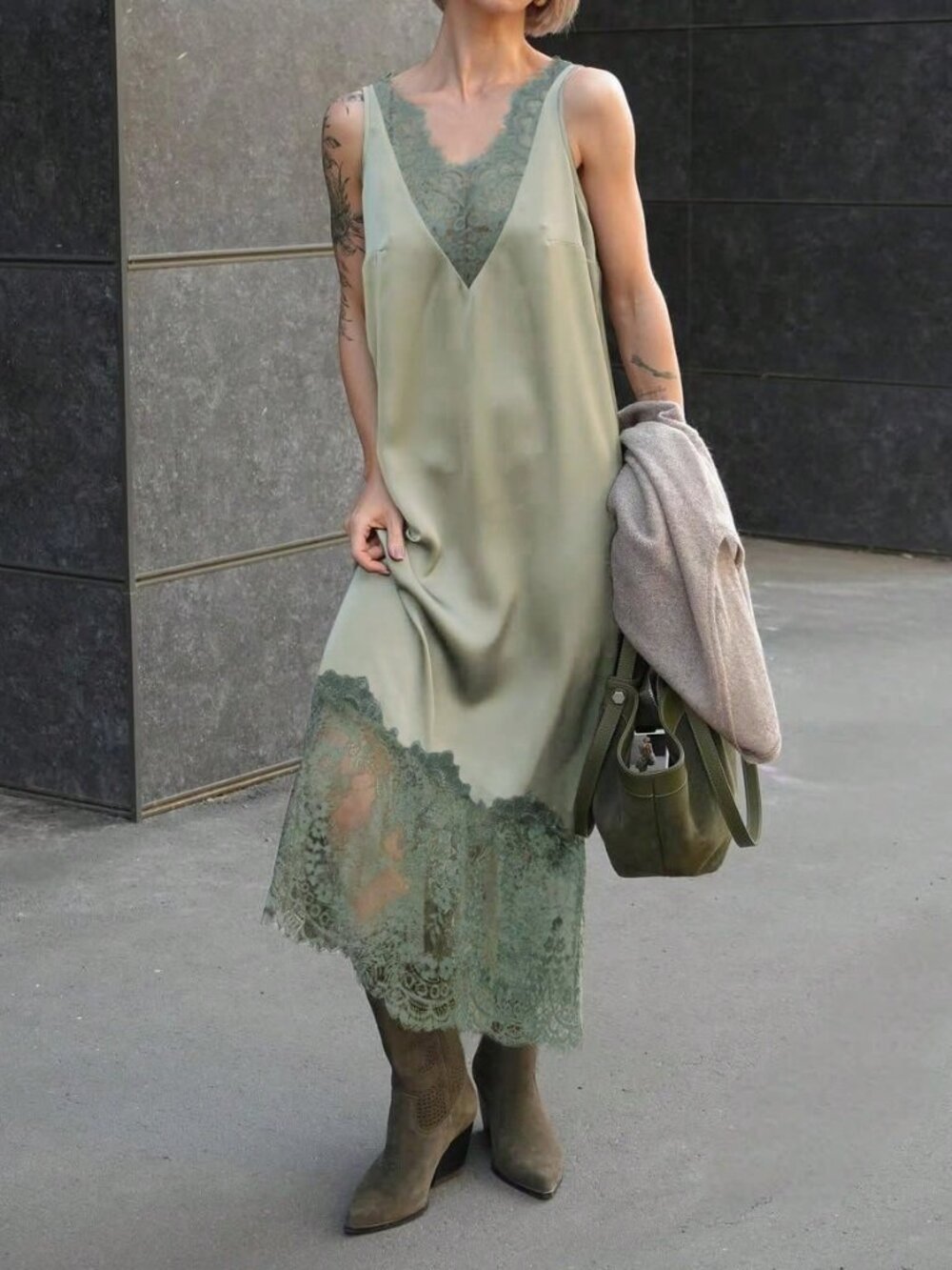 Pastel Green Casual Women's Lace Patchwork Long Asymmetrical Tank Dress